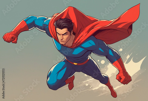 A male superhero in a blue and red super hero costume