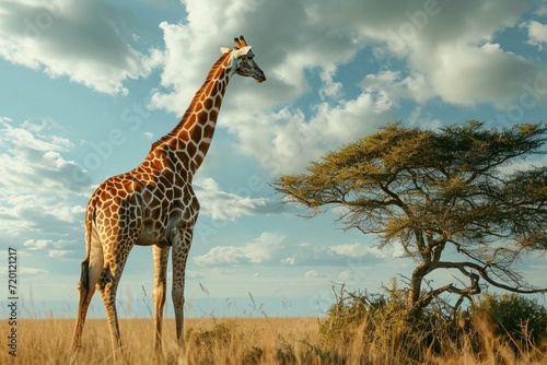 Towering Giraffe gracefully stretching its neck to reach high branches a symbol of elegance against the backdrop of an African savannah