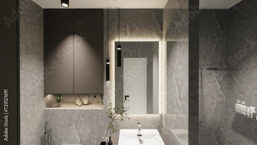 Interior design of a modern bathroom in an apartment. 3D Animation.