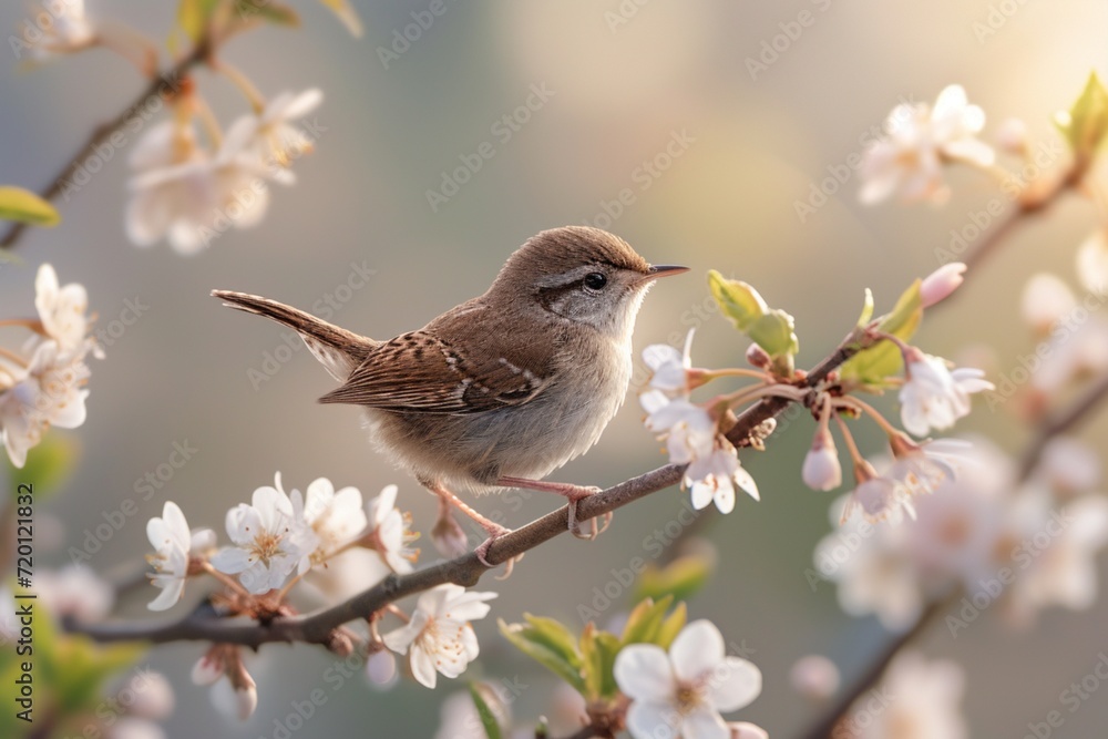 Tiny Wren perched on a blossoming branch its delicate features captured in intricate detail against a backdrop of spring blooms