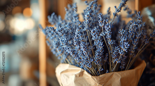 Bouquet of dried lavender in kraft paper photo