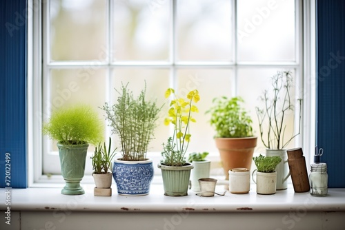 collection of small potted herbs by a window