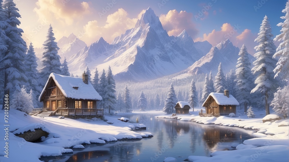 Beautiful winter landscape with a small village on the shore of the mountain river.