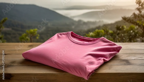a blank pink t-shirt casually laid on a wooden surface. Focus on capturing the textural details of both the fabric and the wood  infusing the composition with a sense of warmth and comfort. 