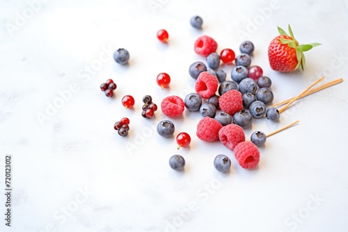 handful of berries with nutritional tag on a light-colored surface