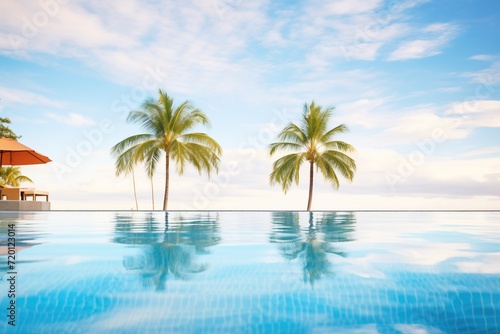 clear blue infinity pool with palm trees reflection