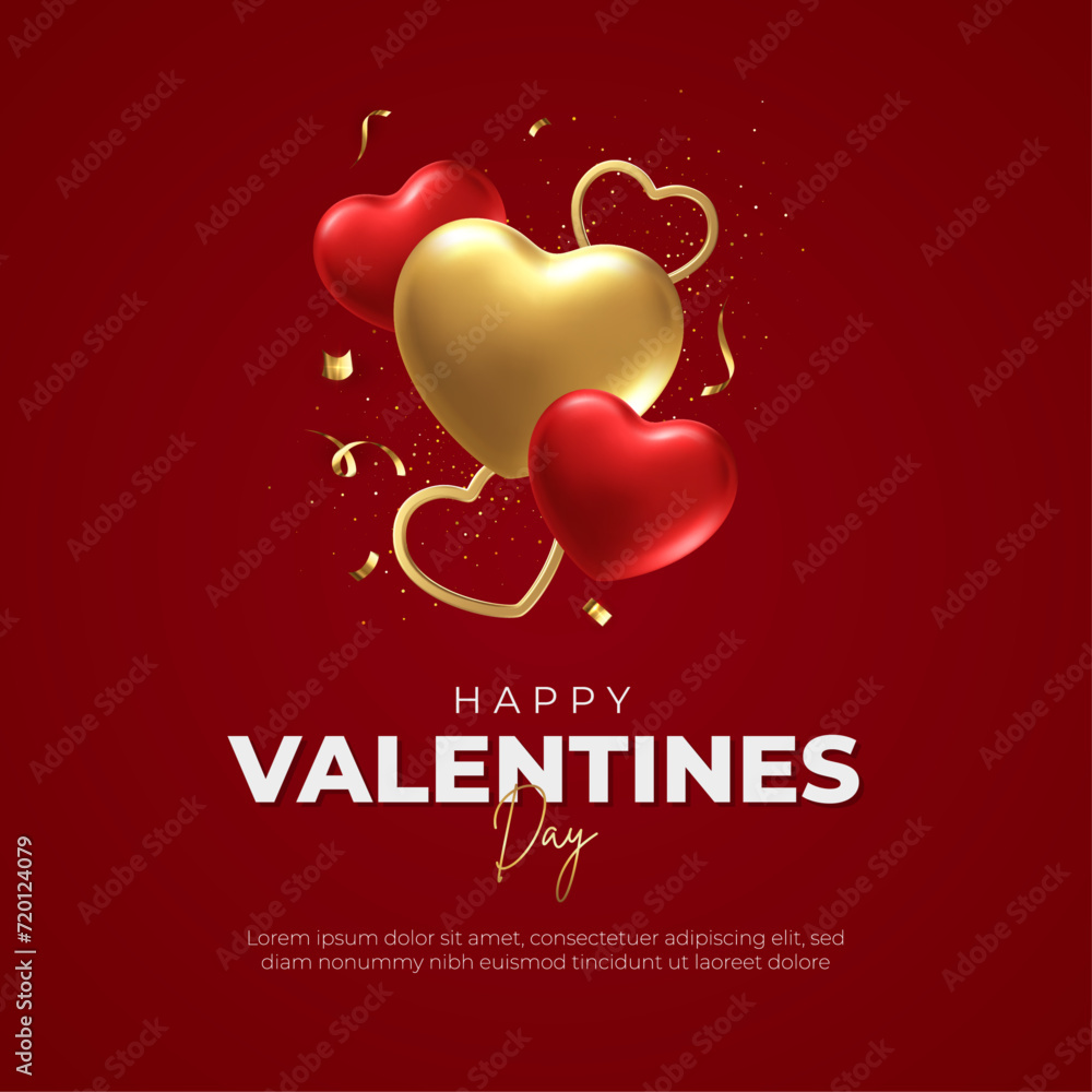 Happy Valentine's Day Social Media Post and Greeting Card. Luxury and Elegant Valentine's Day Background with 3D Heart And Text Vector Illustration