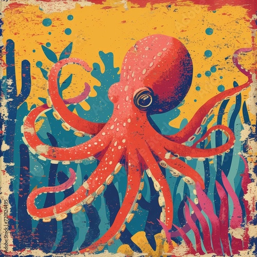 Kids illustration of octopus, colorful, AI generated
