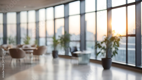 blurred background of a modern office interior with panoramic windows and beautiful lighting, Blurred office meeting room, blurred office background, Bg, Generative AI
