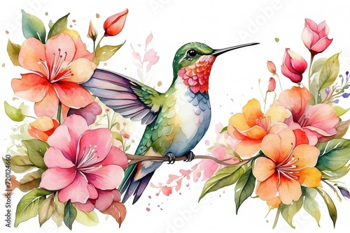 A illustration watercolor painting cute hummingbird and colorful flowers on white background