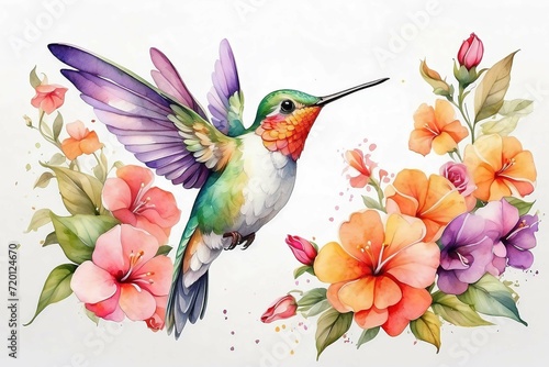 A illustration watercolor painting cute hummingbird and colorful flowers on white background