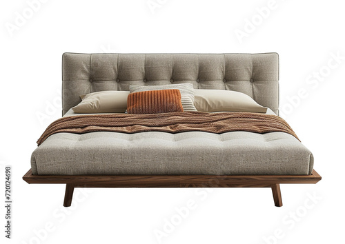 A contemporary bed with an upholstered headboard, isolated on a transparent background.