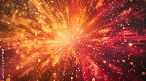 Abstract firework burst gradient in explosive shades of red  orange  and yellow with a grainy texture for a festive celebration poster.
