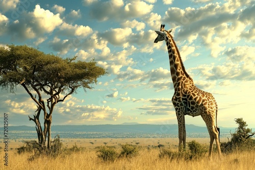 Towering Giraffe gracefully stretching its neck to reach high branches a symbol of elegance against the backdrop of an African savannah © Anmol