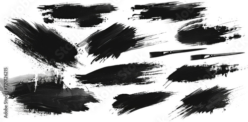 Set of black paint, ink brush strokes, brushes, line photo