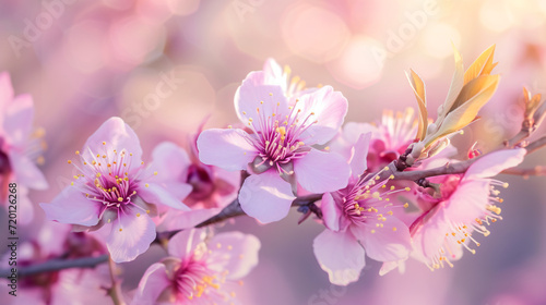 Branch of blooming pink almonds in the garden