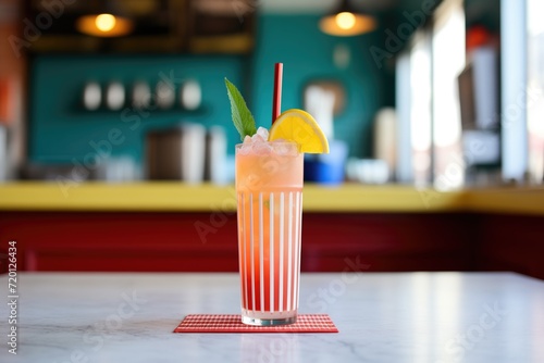 lemonade in a tall, icefilled glass with red paper straw photo