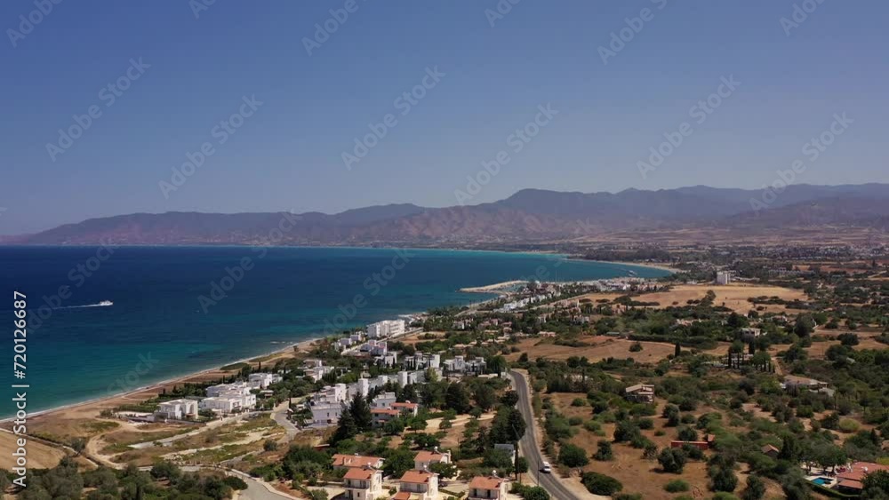 Limassol Cyprus drone above the beach shore flying to the blue ocean Limassol Cyprus drone above the beach shore flying to the blue ocean