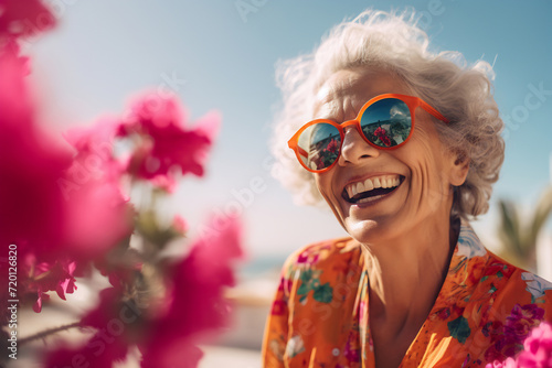 Elderly woman in red sunglasses laughing among vibrant flowers.