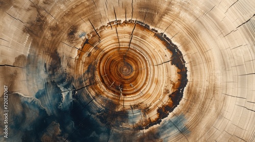 Generative AI, Abstract watercolor wood stump rings or circles. Drawn poster design with blue, brown and beige colors. 