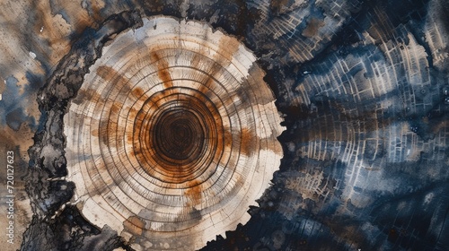 Generative AI, Abstract watercolor wood stump rings or circles. Drawn poster design with blue, brown and beige colors. 