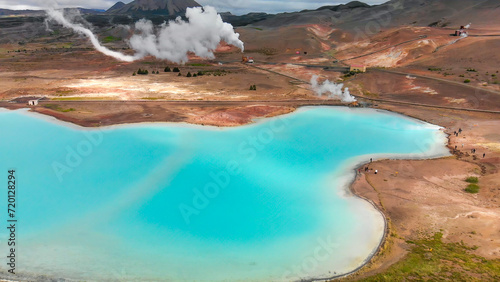 Aerial view of Blue lake made from water coming out of geothermal power plant from above, Iceland