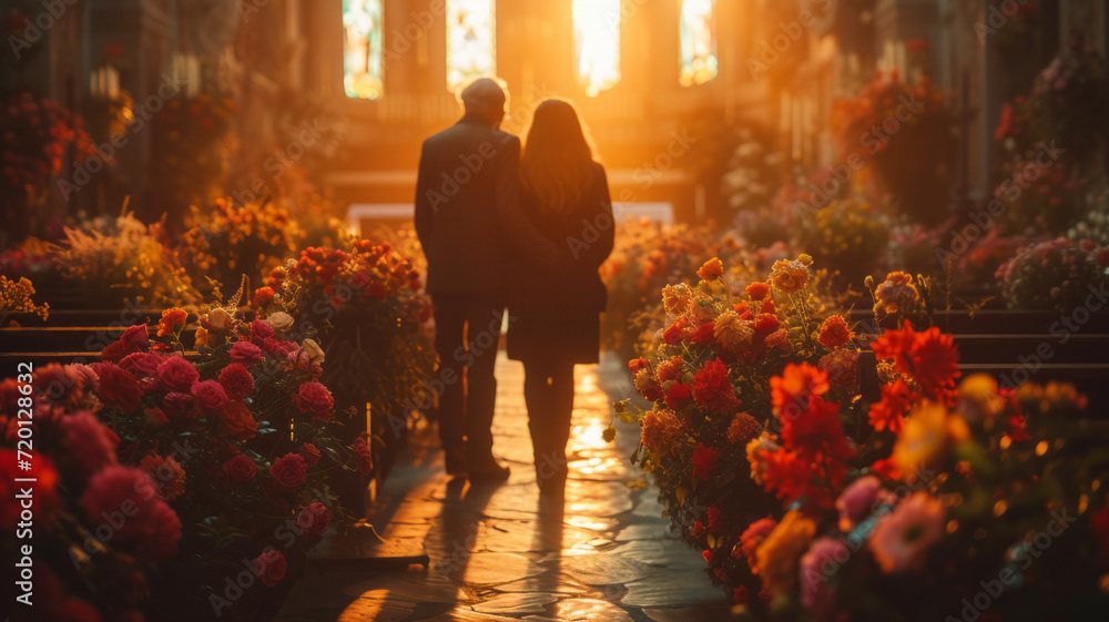 Sad, funeral and flowers with couple and coffin in church for death ...