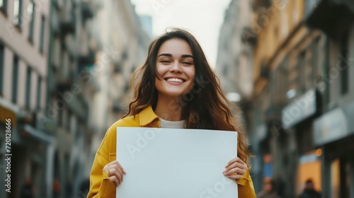 Smiling Young Woman Holding Blank Signboard in Urban Setting. Generative ai © Scrudje