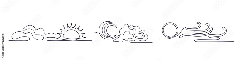 Sun, moon, cloud line set. Cloudy weather, wind Sun, moon, cloud line set. Cloudy weather, wind