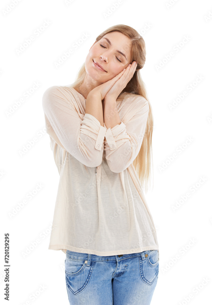 Woman, sleep and hand gesture with eyes closed in studio isolated on a white background. Tired model, dream and pretend to nap, resting for health and calm to relax in peace for energy in the morning Woman, sleep and hand gesture with eyes closed in studio isolated on a white background. Tired model, dream and pretend to nap, resting for health and calm to relax in peace for energy in the morning