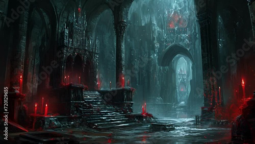 The vampires throne sits at the center of the crypt, made of obsidian and adorned with ruby accents, a symbol of their power and wealth in this hidden sanctuary. Fantasy animation photo