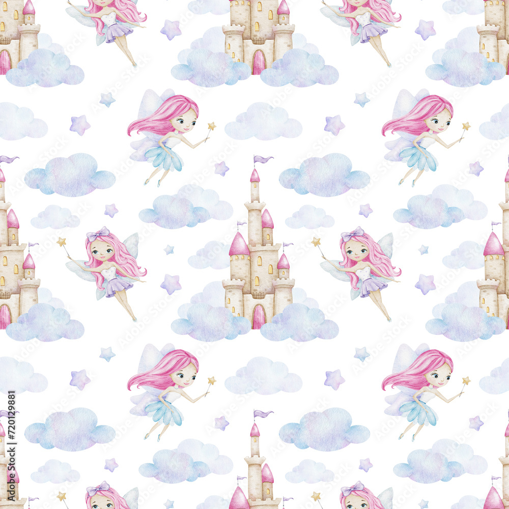 Cute little fairy, fairy tale castle, clouds and stars. Children's background. Watercolor baby seamless pattern for design kid's goods, postcards, baby shower and children's room Cute little fairy, fairy tale castle, clouds and stars. Children's background. Watercolor baby seamless pattern for design kid's goods, postcards, baby shower and children's room