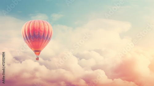 Pastel-colored hot air balloon floating in the cloudy sky.