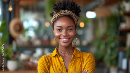 The key to success starts with how you define it. Portrait of an african businesswoman smiling while sitting at her desk. generative ai © Suralai