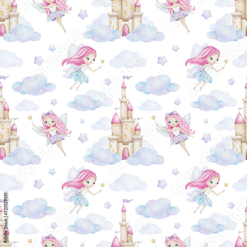 Cute little fairy  fairy tale castle  clouds and stars. Children s background. Watercolor baby seamless pattern for design kid s goods  postcards  baby shower and children s room
