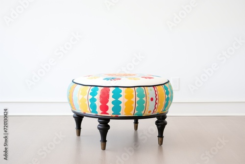 one colorful ottoman in an otherwise black and white room