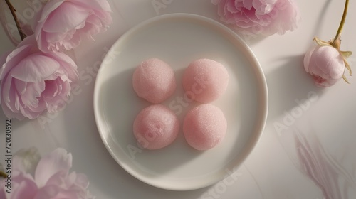 Generative AI, photo of mochi on the table background. Traditional Japanese dessert, top view, flat lay 