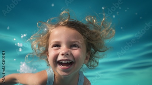 Close-up of a joyful smiling 5 year old girl swimming underwater in the sea or pool. Healthy lifestyle, Tempering, Vacations and travel, Children's Sports, Infant swimming concepts. © liliyabatyrova