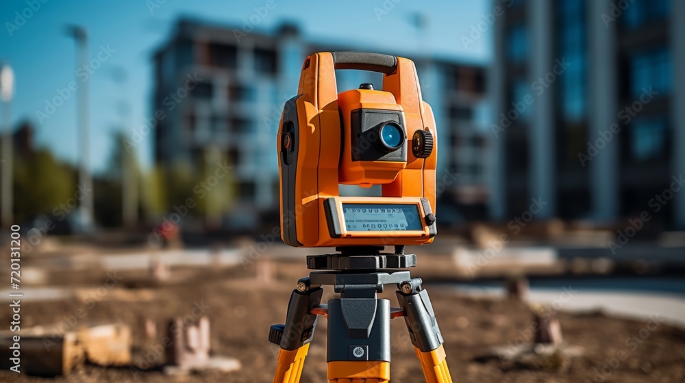 Professional land surveying equipment set up on a construction site.