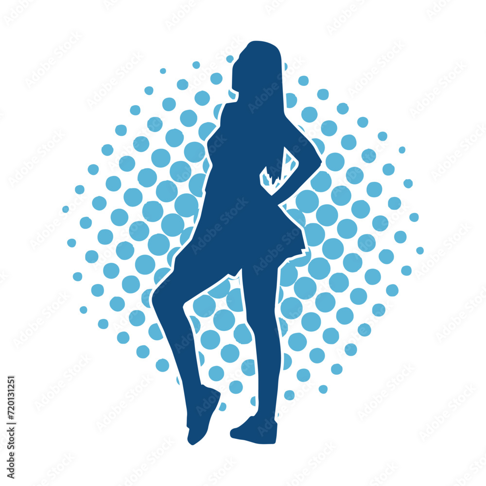 Silhouette of a female dancer wearing mini skirt in action pose. Silhouette of a slim woman dancing happily. Silhouette of a female dancer wearing mini skirt in action pose. Silhouette of a slim woman dancing happily.