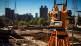 Professional land surveying equipment set up on a construction site.