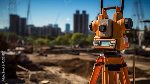 Professional land surveying equipment set up on a construction site. photo