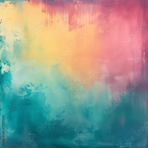 Abstract watercolor-inspired gradient with soft hues of teal, pink, and yellow, featuring a grainy texture for an artsy poster. © Simo