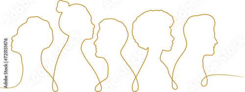 Gold human shapes diversity vector banner, single line crowd illustration border design