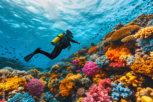 Fototapeta Naklejka Na Ścianę i Meble -  Immerse yourself in the vibrant world of marine life as a diver explores the stunning coral reef, surrounded by colorful organisms and the tranquil blue water