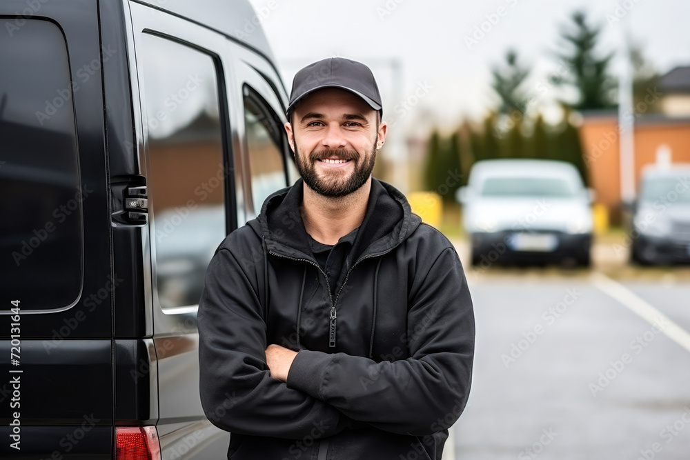 Portrait of a smiling young caucasian courier driver standing next to his van. Express delivery of online orders service.