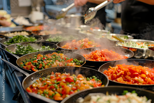 A person delicately prepares a flavorful meal indoors, using a wok to cook a delicious buffet of vegetables and other culinary delights in an array of pans