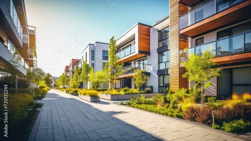 House buildings with paving roads and gardens along the road.