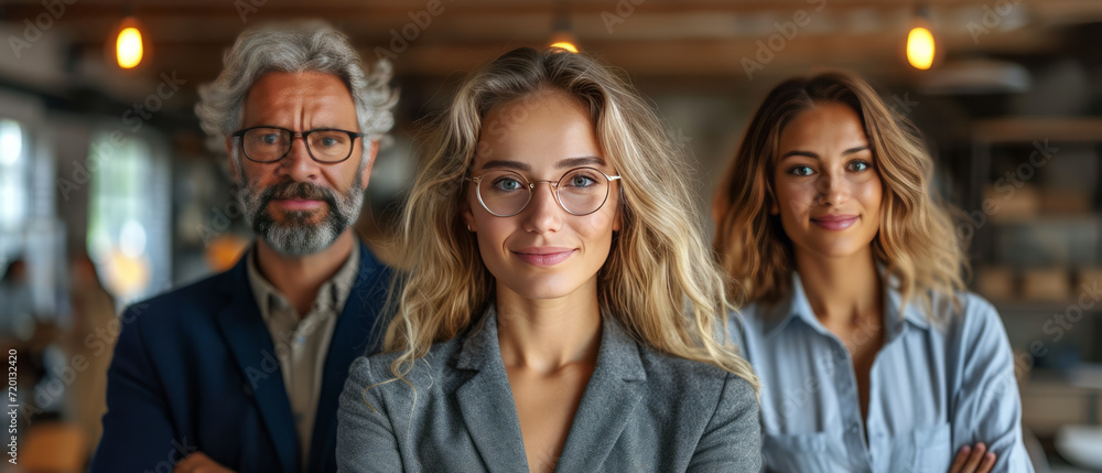 A diverse man and woman business team at their company office building, generative ai A diverse man and woman business team at their company office building, generative ai