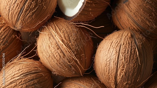 Grouped Coconuts, Naturally Displayed Together, Emphasizing Their Rough Texture and Tropical Freshness, Ideal for Health, Culinary, or Natural Product Concepts